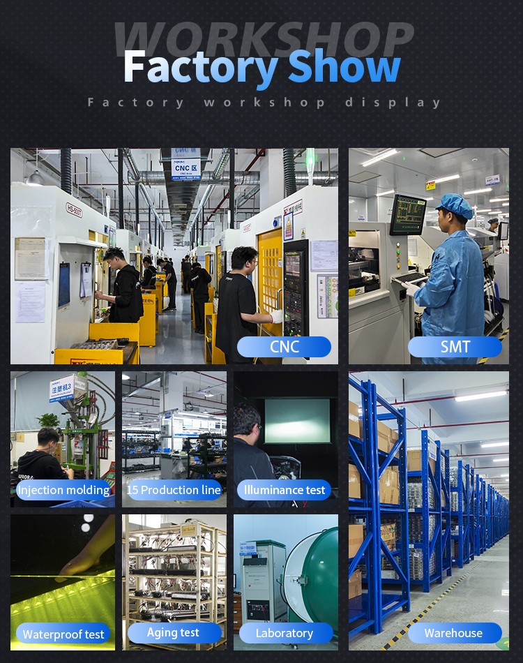 Shenzhen Aurora 35,000 square meter LED lighting factory overview: CNC workshop, SMT line, assembly lines, testing labs and warehouse
