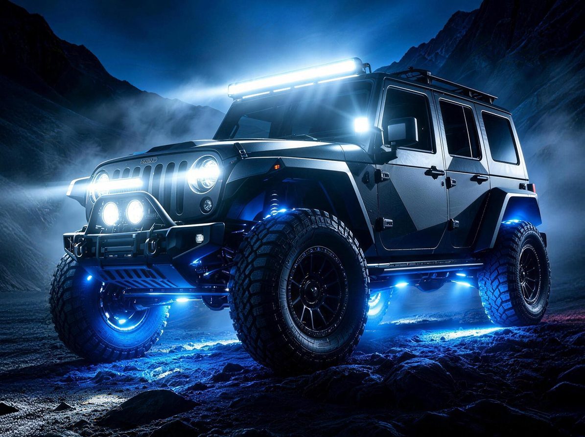 Off-road Jeep with blue Aurora LED light bar and rock lights at night