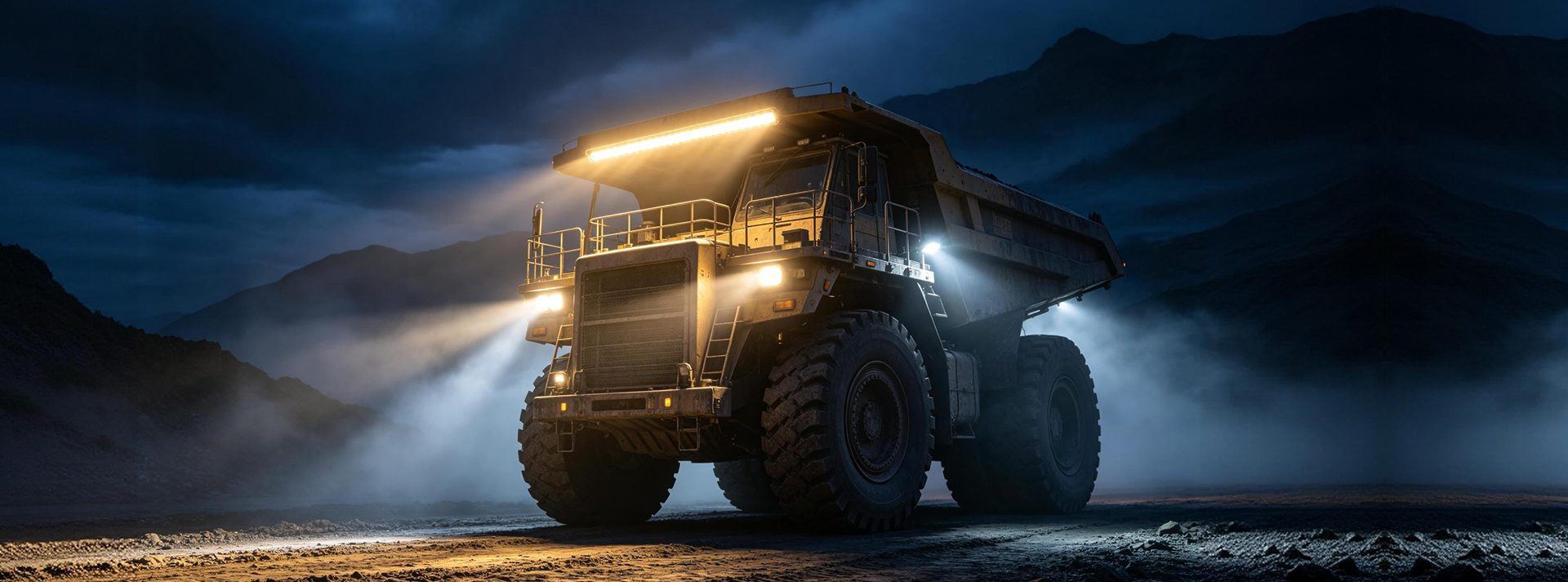 Heavy mining dump truck with Aurora LED work lights illuminating the desert at night